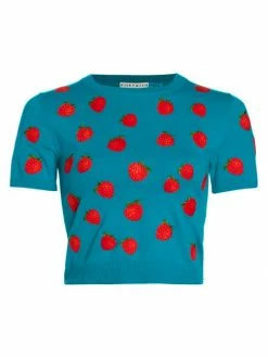 Alice + Olivia Ciara Embroidered Strawberry Cropped Sweater
