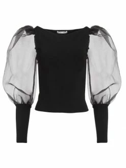 Alice + Olivia Abella Tulle Puff-Sleeve Blouse