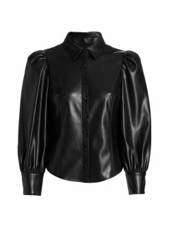 Alice + Olivia Nadine Puff-Sleeve Vegan Leather Shirt Black -Alice + Olivia Sales unnamed file 314