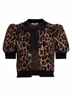 Alice + Olivia Kitty Leopard Puff-Sleeve Cardigan